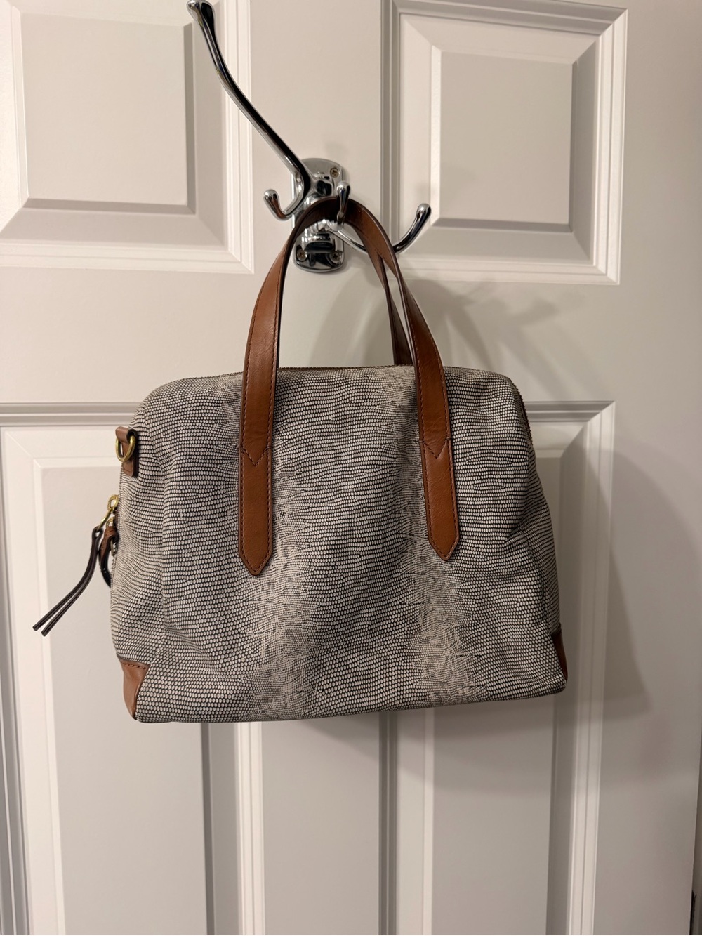 Fossil Gray Textured Satchel with Brown Leather Handles